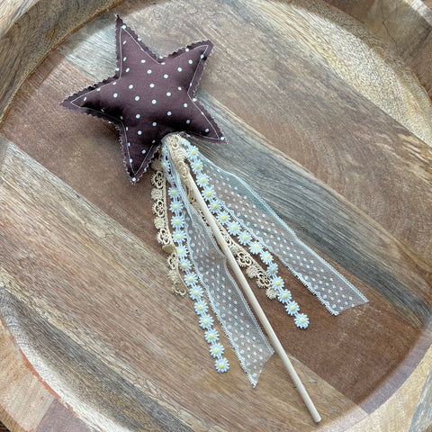 Ribbon Star Wand - Tan Gingham + Brown Dot