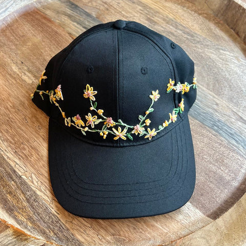 Embroidered Yellow Flower Vine Baseball Cap - Black