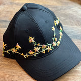 Embroidered Yellow Flower Vine Baseball Cap - Black