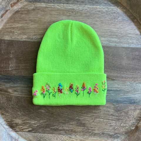 Embroidered Multi-Colored Floral Lemon/Lime Beanie - Youth