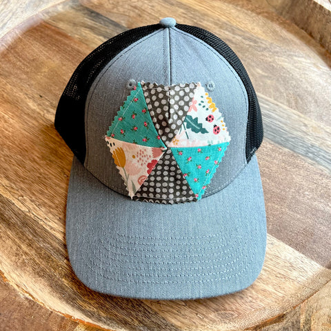 Mixed Floral Hexagon Quilt Patch Trucker Cap - Gray/Black