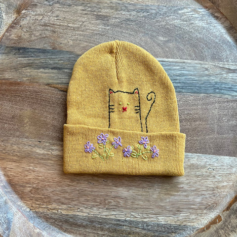 Embroidered Floral Kitty Beanie - Mustard