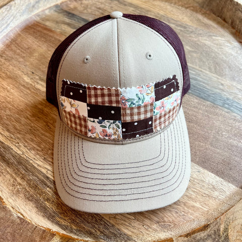 Browns & Floral Quilt Patch Trucker Cap - Tan/Maroon