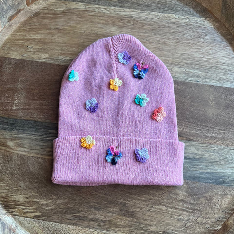 Embroidered Floral+Butterfly Pink Beanie - Youth