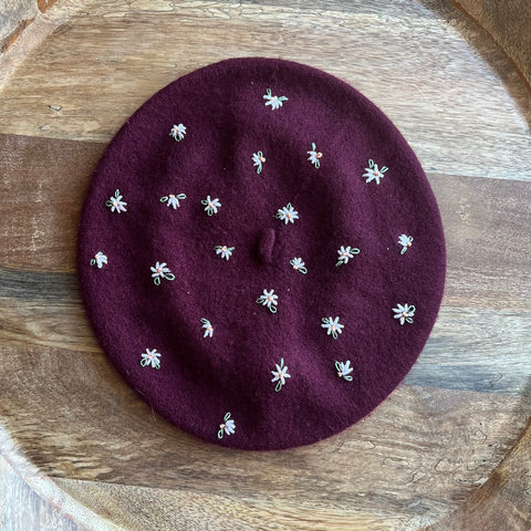 Tiny White Floral Embroidered Maroon Beret