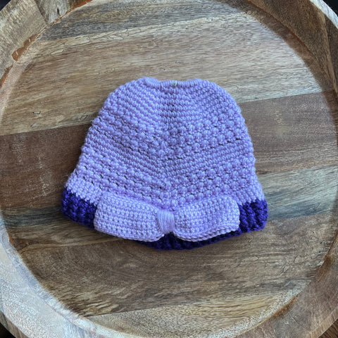 Crochet Purple Bow Ponytail Beanie