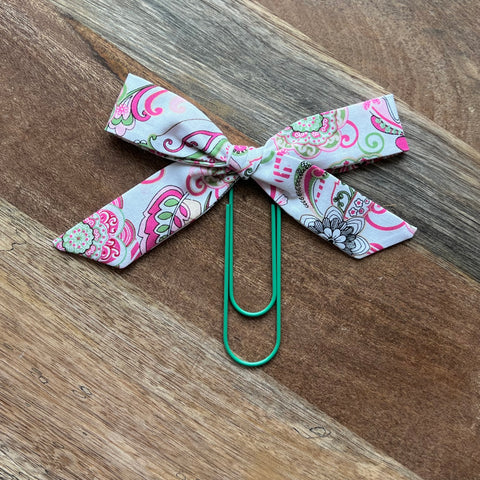 Classic Bow Bookmark - Pink + Green Floral Paisley