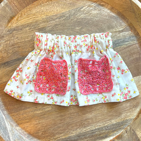 KIDS Crochet Pocket Paper-Bag Skirt - White Dimity Pink/Yellow Floral (12/18M)