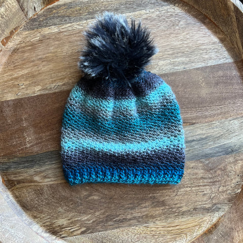 Crochet Grey + Aqua Striped Beanie - Toddler/Child