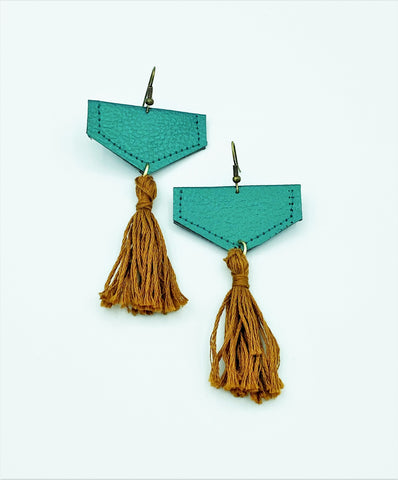 Geo Teal/Gold Tassel Earrings