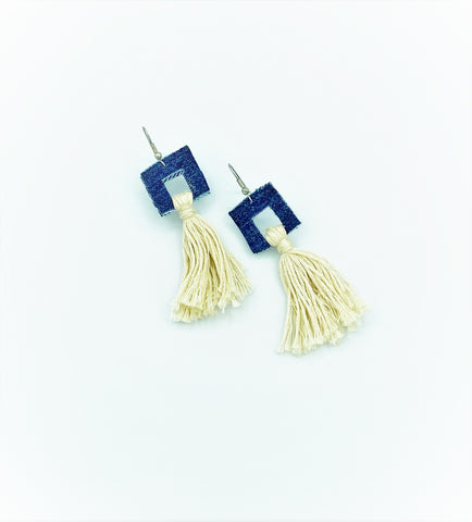 Denim Square Ivory Tassel Earrings