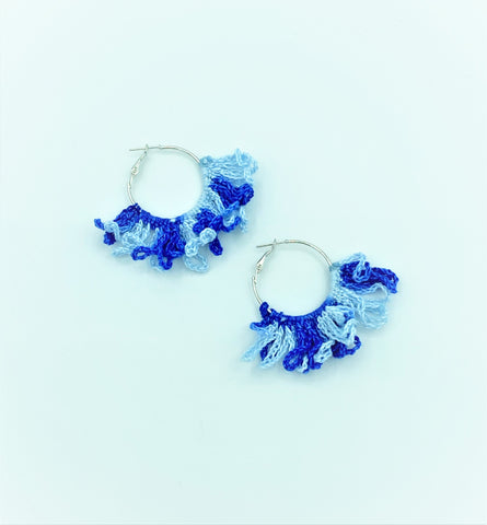 Crochet Tassel Hoop Earrings - Blue