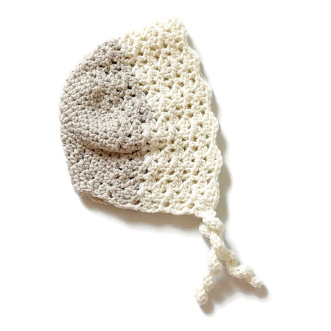 Taupe/Cream Scallop Crochet Baby Bonnet - Newborn/3M