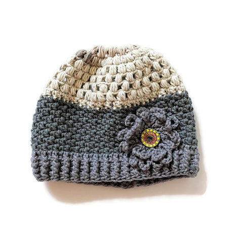 Grey Ombre Button Ponytail Beanie - TODDLER